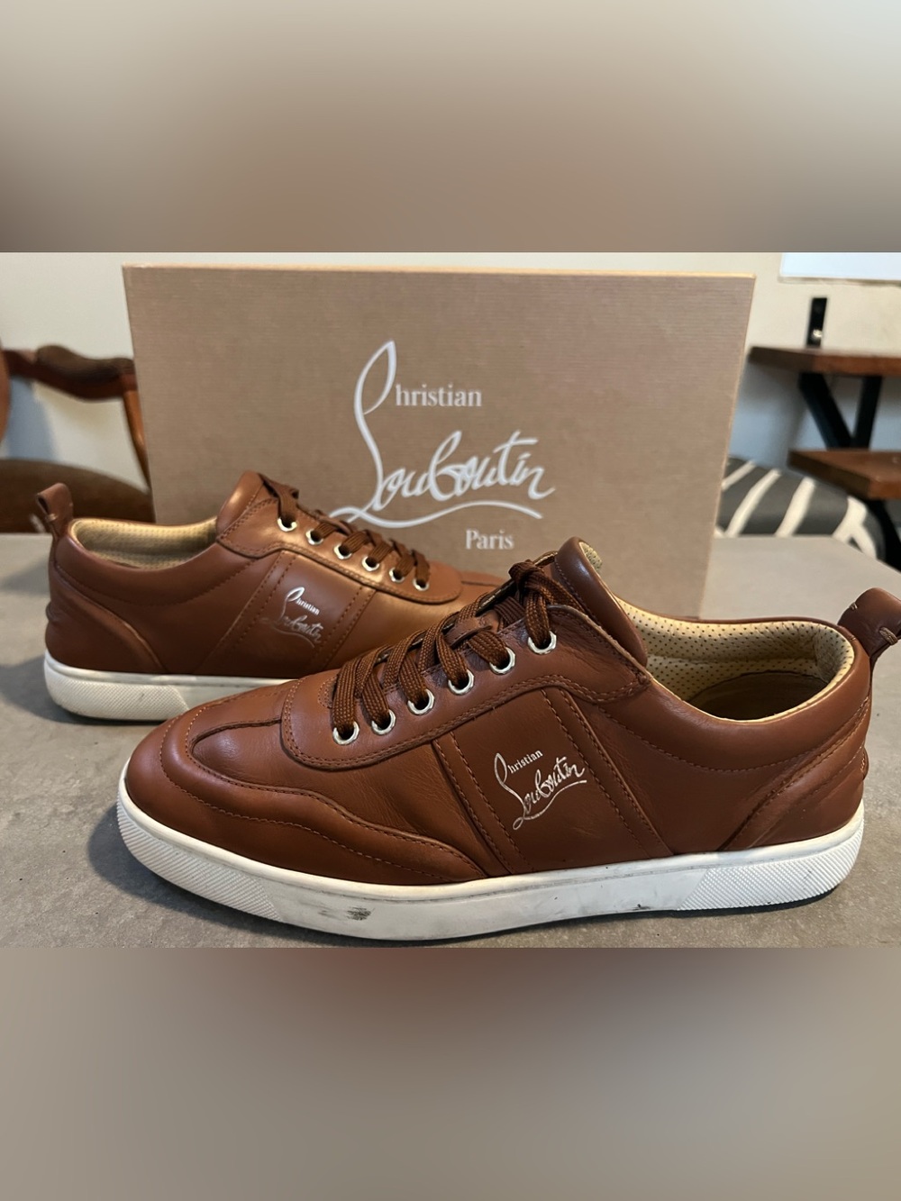 Christian Louboutin Men’s Brown Leather Low-Top Sneakers with White Sole